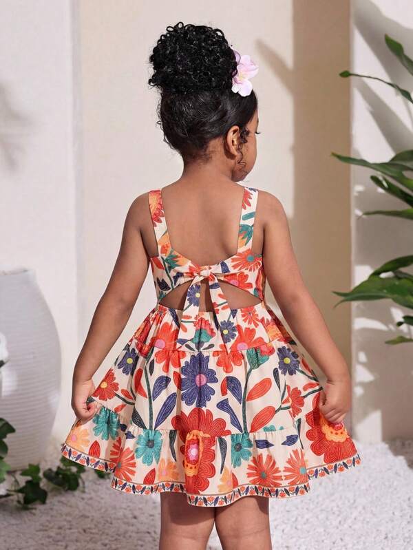 SHEIN Young Girl Ditsy Floral Sleeveless Casual Dress Girl Tropical Dress Kids Butterfly Dress Toddler Tropical Dress Girl Floral Print Dress Kids Vacation Dress
