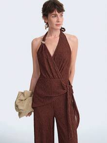Aalyst Women's Fashion Knitted Halter V-Neck Metal Buckle Criss-Cross Tie Waist Slim Fit Jumpsuit, Elegant Casual Vacation Party Commute Outfit - Brown - View 4