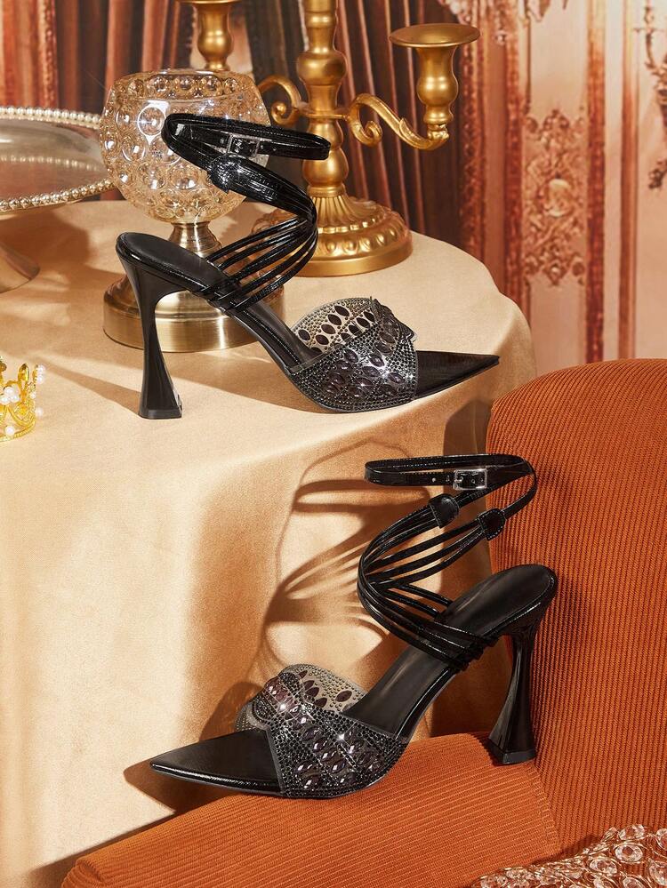 CUCCOO TILAWA Black Diamond Decor Criss-Cross Strap High Heel Sandals, Featuring Chic And Glamorous Styles, Suitable For Sophisticated Women Seeking Fashionable And Elegant Outfits, Can Be Paired With Dresses Or Pants For Dates, Parties, And Professional Occasions (Fashion-Oriented Workplaces) Summer Shoes