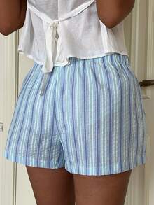 CovetEZ 女士休闲条纹弹力腰短裤，夏季女士平角内裤，女士短裤，夏季女装，女士休闲短裤 - 藍白色 - 查看 5
