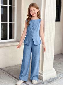 SHEIN Serisse Kids 少女通勤休闲纯色无袖背心上衣和直筒裤套装 - 藍色 - 查看 5
