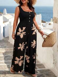 Linhara CURVE Plus Size Women Floral Print Patchwork Sleeveless Jumpsuit, Summer Holiday Beach Outfit - Black - View 4