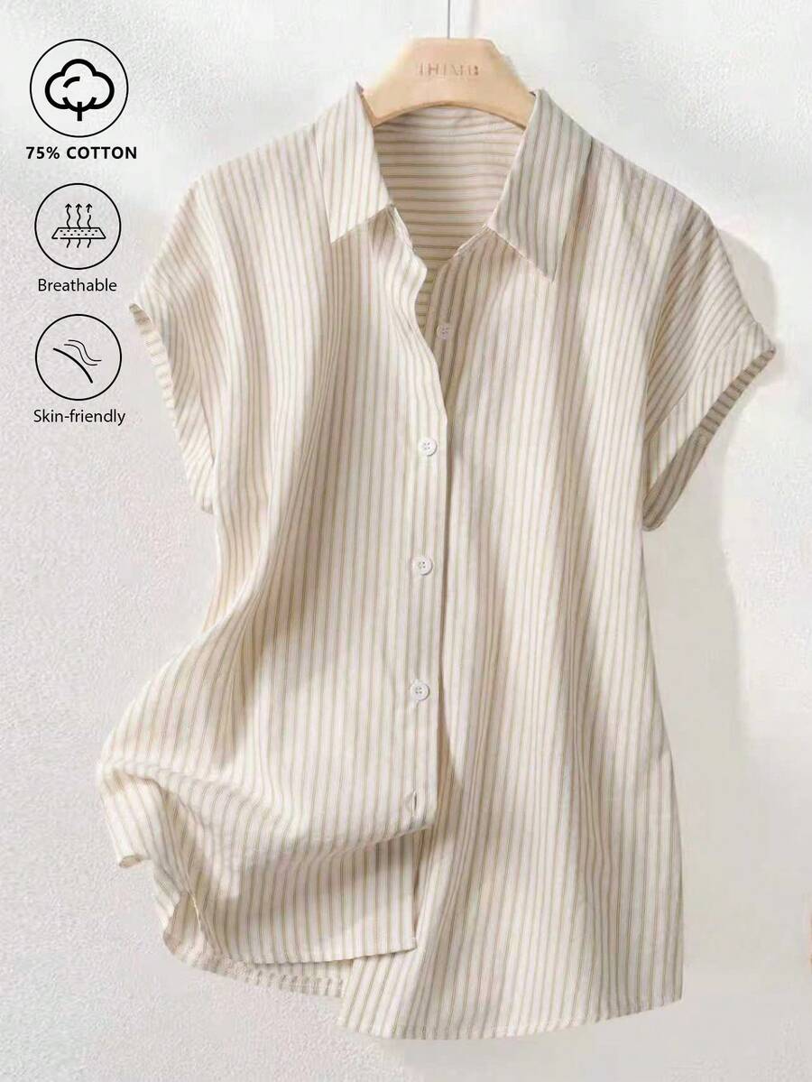 SHEIN Franclia 复古条纹短袖衬衫，夏季通勤时尚之选 - 卡其色 - 查看 1