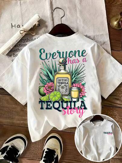 Camiseta casual de mujer con estampado de vaso de cóctel de margarita de tequila, limón, flor y hoja, cuello redondo, para primavera/verano, ropa deportiva casual para mujer