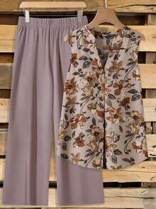 Franclia 复古印花休闲简约套装，优雅风格女士两件套，适合夏季穿着 - 彩色 - 查看 1