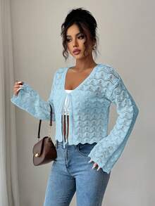Elenzga Women's Elegant Tie-Front Hollow Out Cardigan - Blue - View 7