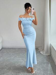 Rafferiza Đầm ôm sát trễ vai xếp ly họa tiết hoa thanh lịch, quyến rũ, gợi cảm, thích hợp cho tiệc tùng, kỳ nghỉ, mùa xuân/hè. - Màu xanh lam - Xem 5