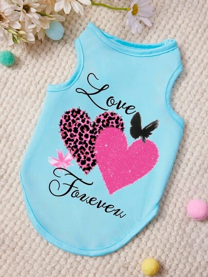PETSIN 1pc Leopard Print Love Butterfly Letter Printed Pet Vest In Blue, Soft, Breathable And Comfortable Pet Clothing