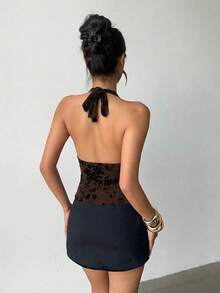 Aloruh Áo hai dây gợi cảm hở lưng, cổ yếm, phối ren hoa dành cho nữ. - màu nâu - Xem 2