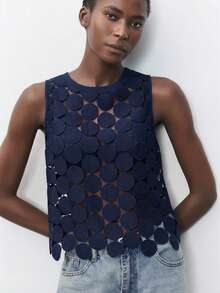 Maija Áo vest chấm bi tròn thêu chỉ tan trong nước, thoải mái và thoáng khí, thích hợp cho kỳ nghỉ của nữ. - Màu xanh hải quân - Xem 3