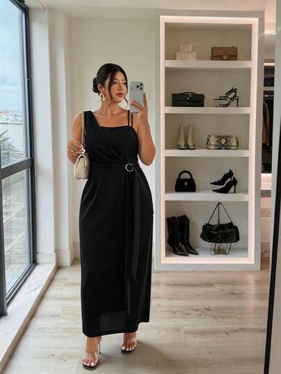 Firerie 大码休闲优雅度假百搭日常百搭简约弹力针织修身时尚不对称领设计吊带金属扣女士直筒H型连衣裙，春夏款