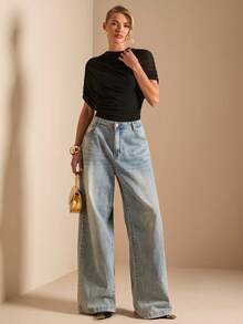 SHEIN BAE 女士黑色连体裤，适合日常约会、派对、优雅外出穿着，不对称连体裤，阔腿连体裤，情人节连体裤，日常连体裤，优雅连体裤 - 黑色 - 查看 3