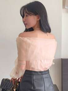 DAZY Women's Off-Shoulder Fitted Sheer Mesh Blouse - Apricot - View 7