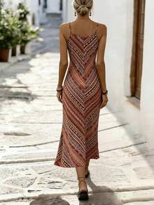 Hotletica 波西米亚印花 V 领细肩带连衣裙 长款度假海滩装 女式 - 彩色 - 查看 2