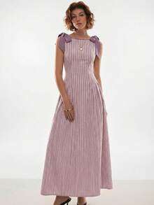 Poéselle Women's Striped Sleeveless Casual Midi Dress With Knot Detail - Dusty Pink - View 4