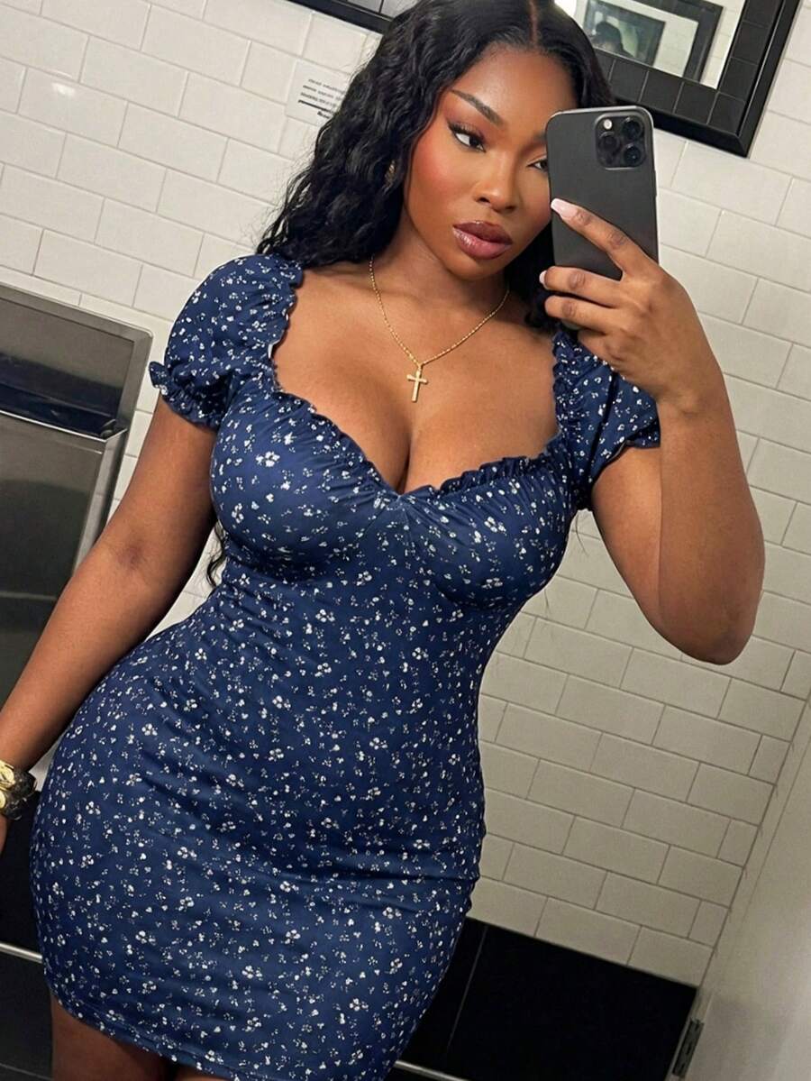 SHEIN SXY 大码女式印花优雅收腰派对连衣裙 - 彩色 - 查看 1