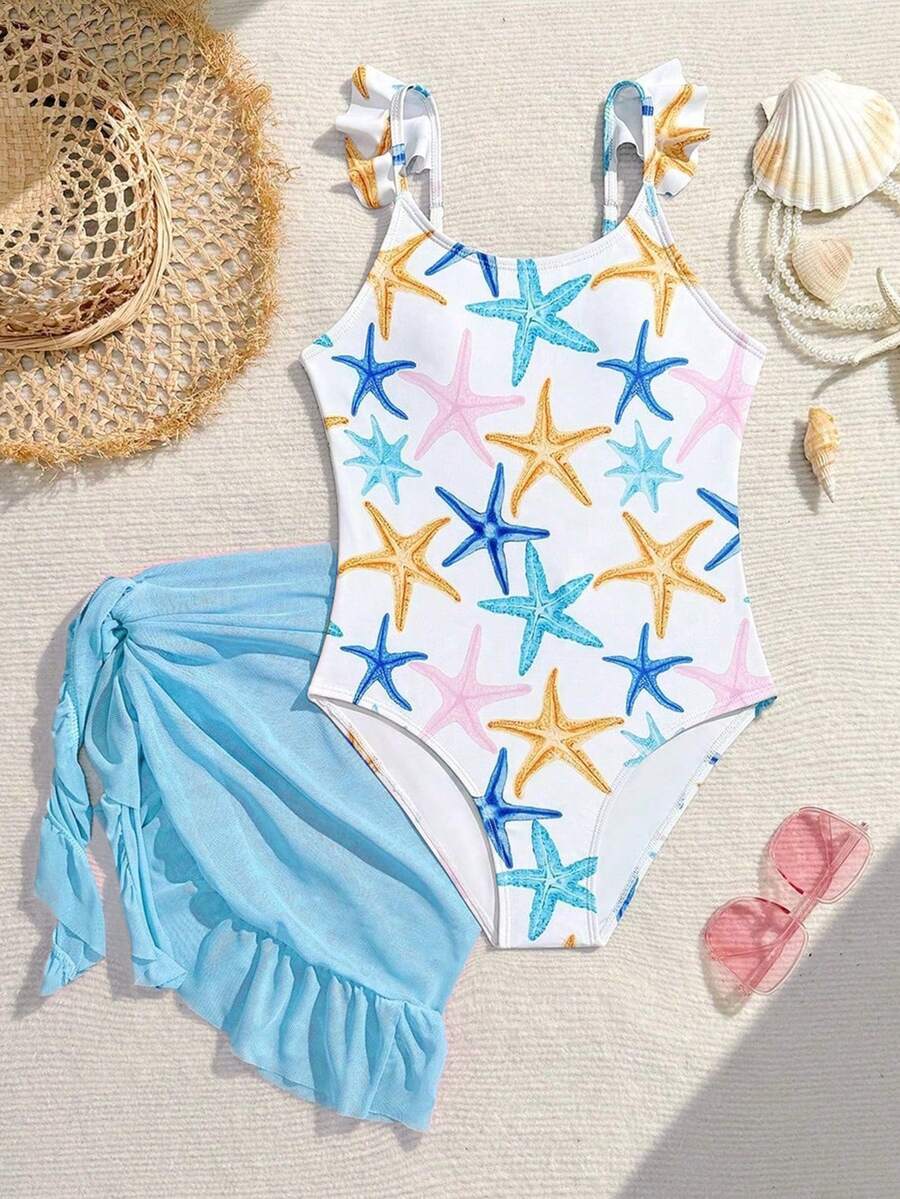 SHEIN 少女海星印花荷叶袖连体泳衣，适合海滩度假、泳池派对、沙滩派对，可搭配迷你裙 - 彩色 - 查看 1