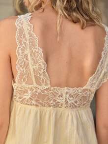 Freevana Women's Pale Yellow Summer Elegant Tea Party Boho Deep V-Neck Lace Trim Cotton Textured Loose Cami Top Sleeveless Babydoll Vintage Blouse - Pale Yellow - View 1