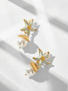 Maija A Pair Of Stylish And Elegant Starfish Pearl Pendant Women's Holiday Gift Decorative Earrings - Gold + Blue - View 2