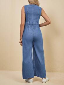 SHEIN Maternity V-Neck Sleeveless Front Button Casual Loose Denim Jumpsuit, Summer Spring To Summer Carnival Costume Commuting Vacation Graduation Chic Y2k Cute Streetwear Party Wedding Elegant Business Casual Woman Women's V Neck Sleeveless Denim Wide Leg Jumpsuit With Button Details - Blue - View 2