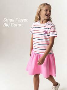 SHEIN Casuvi Kids 1件少女休闲条纹CA字母刺绣不对称拼接A字连衣裙，时尚百搭，适合聚会，简约设计 - 粉色 - 查看 10