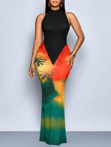 SOLERSUN 大码性感优雅通勤派对海滩度假约会修身长裙春夏女装热带假日花卉渐变复古风格，适合热带岛屿派对，无袖修身鱼尾褶皱长裙，黑色与岛屿印花撞色拼接，适合约会派对 - 黑色 - 查看 4