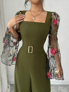 Rafferiza 2026 Frühling/Sommer Neuer eleganter minimalistischer Langarm Jumpsuit für Frauen mit besticktem Mesh-Einsatz, taillierter Passform und Metallknöpfen - Armeegrün - Übersicht 3