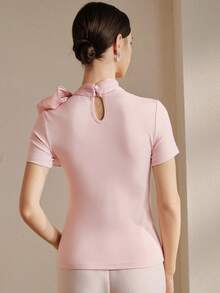 Anewsta 新款春夏优雅时尚休闲外出工作约会派对弹力修身系领短袖女式T恤 - 淺粉色 - 查看 7