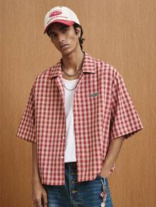 TOKVUE 男士提花格子短袖衬衫 - 紅色 - 查看 1