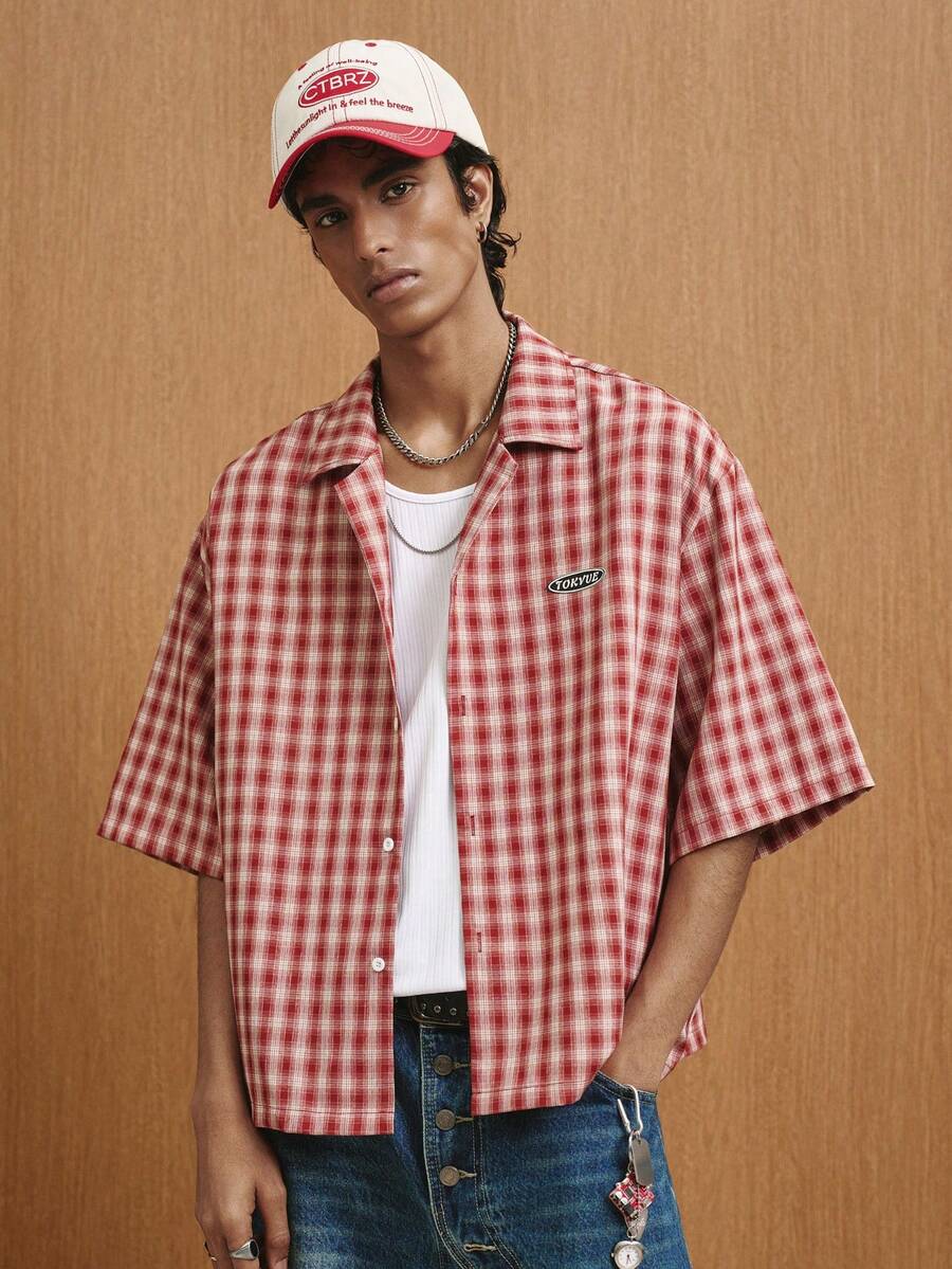 TOKVUE 男士提花格子短袖衬衫 - 紅色 - 查看 1