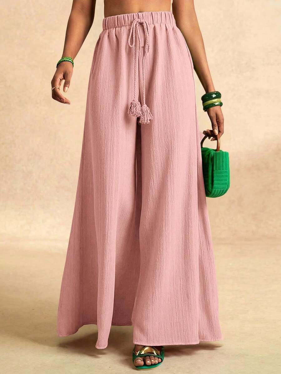 女士全长几何图案绿色休闲度假阔腿裤，女士工作裤，裹身裤，女士长裤，夏季女士办公室工作服 - 粉色 - 查看 1