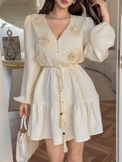 Feyla Women's Elegant Floral Print V-Neck Lantern Sleeve Tassel Belted Ruffle Hem Vacation Dress, Spring/Autumn