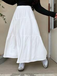 Dazy Plus 白色弹性腰部拼布A字裙，春夏 - 白色 - 查看 7