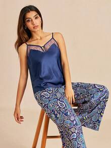 LUVLETTE Summer Stylish Navy & Paisley Pajama Set - Lace-Trimmed Camisole & Wide-Leg Pants Summer Lounge Wear Curve Lingerie Pyjama - Blue - View 7