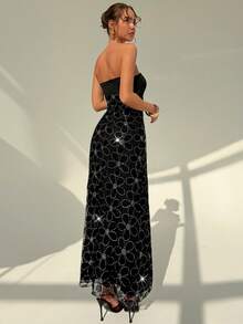 Rafferiza Đầm midi cúp ngực thanh lịch dành cho nữ, thắt nút xoắn, chất liệu lưới, thêu ngọc trai 3D. - màu đen - Xem 2