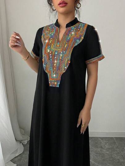 Rafferiza Contrast Color Embroidered Mandarin Collar Rhinestone Embellished Loose Long Dress For Women