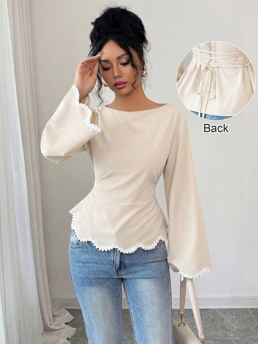 SHEIN Elenzya 1pc Women's Spring/Summer Wavy Heart Woven Trim Ruched Waist Blouse - Apricot - View 1