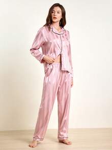 2 件套女士缎面条纹印花睡衣套装，长袖纽扣领上衣和裤子，休闲睡衣家居服，适合家居服、秋冬装、秋季服装 - 粉色 - 查看 3
