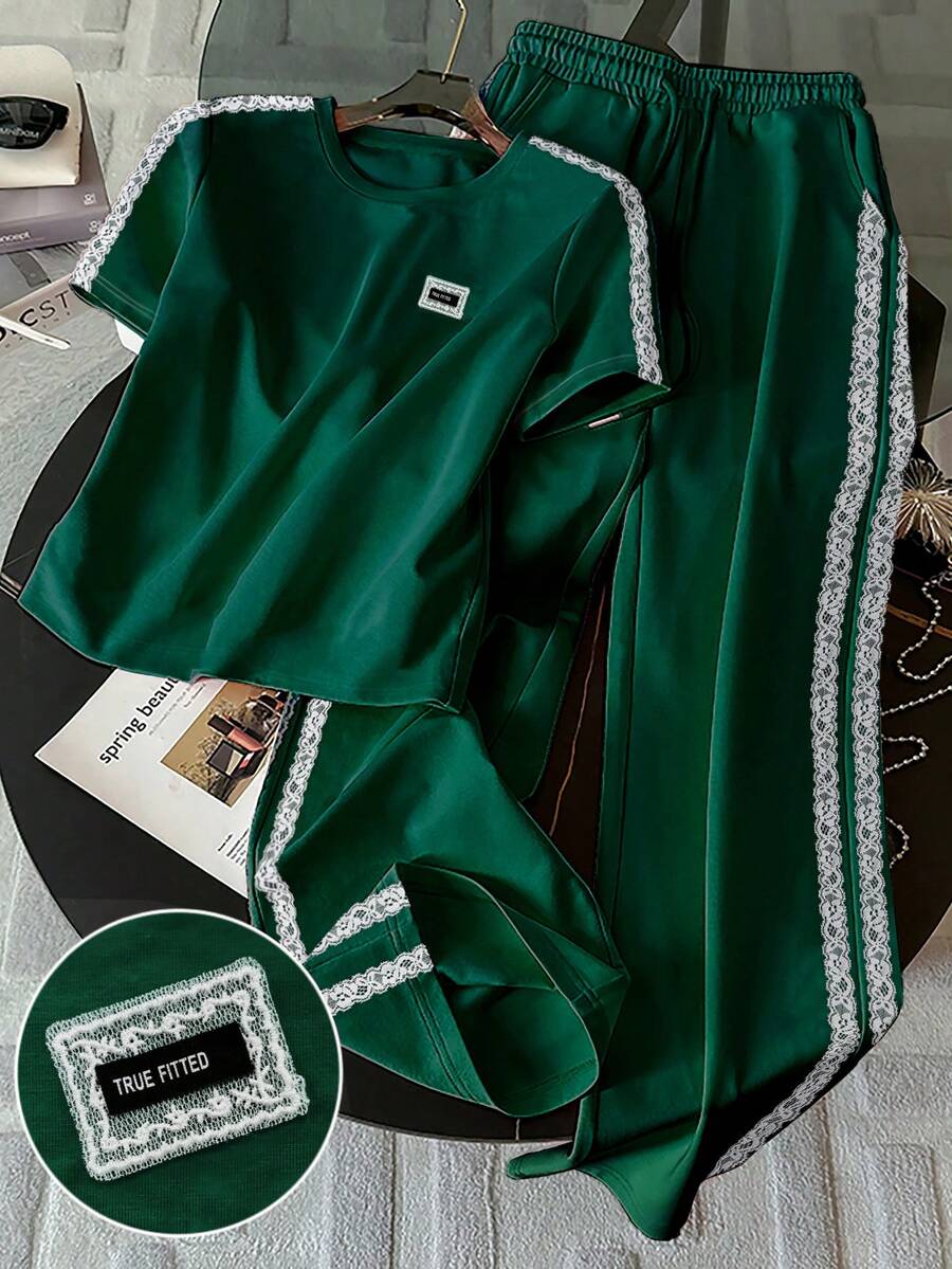 Resyla 蕾丝边饰简约圆领T恤套装，送朋友的礼物 - 墨綠色 - 查看 1