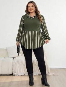SHEIN CURVE+ 大码女式条纹拼接翻领长袖休闲衬衫，秋冬款 - 軍綠色 - 查看 6