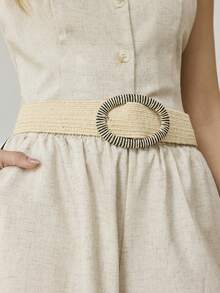 MOTF PREMIUM 1-PIECE WOMEN'S BEIGE STRIPED OVAL BUCKLE DECORATIVE PP GRASS MATERIAL ELASTIC PASTORAL INS WAIST CORSET DRESS JEANS ACCESSORIES DAILY VERSATILE - Beige - View 1