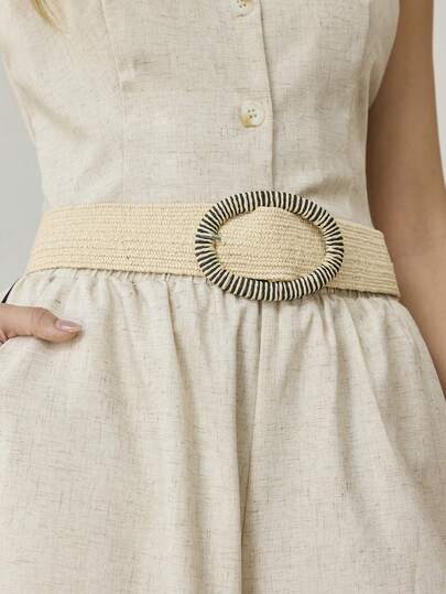 MOTF PREMIUM 1-PIECE WOMEN'S BEIGE STRIPED OVAL BUCKLE DECORATIVE PP GRASS MATERIAL ELASTIC PASTORAL INS WAIST CORSET DRESS JEANS ACCESSORIES DAILY VERSATILE