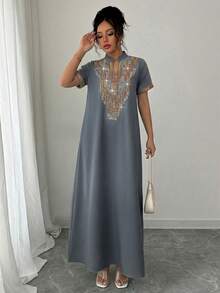 Rafferiza Contrast Color Embroidered Mandarin Collar Rhinestone Embellished Loose Women Long Dress - Grey - View 4