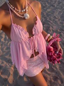 SHEIN BAE Áo hai dây cổ yếm gợi cảm màu trơn phong cách Y2K dành cho nữ, kiểu dáng bất đối xứng, xếp nếp, thắt eo. - Hồng - Xem 6
