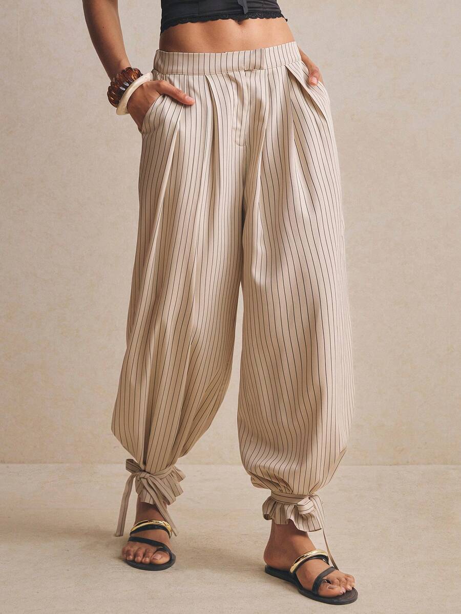 Poéselle Women's Striped Pocket Casual Versatile Daily Wear Pants,Striped Wide Leg Pleated Pants With Ankle Tie, High Waist Loose Fit Trousers, Casual Spring Summer Office Outfit For Women - Multicolor - View 1