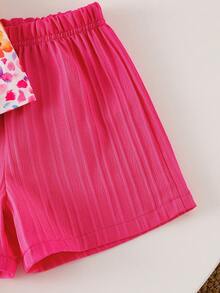SHEIN Elladie kids Conjunto de top de tirantes y shorts con estampado floral para niñas, atuendo de verano refrescante y cómodo para salir, ropa de vacaciones dulce y linda - Rosa Fucsia - Ver 5