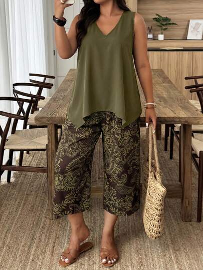 Weeklong Women Plus Size V-Neck Asymmetrical Hem Sleeveless Shirt And Capri Pants 2-Piece Set, Spring/Summer
