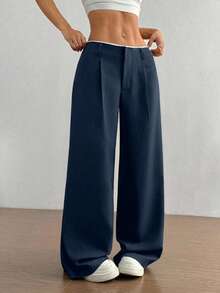 FavEase 复古新款百搭通勤商务女式垂褶直筒裤，腰部拼接高端设计，显瘦深棕色阔腿裤，女士正装裤，女士阔腿裤，高腰女士夏季裤装 - 藏蓝色 - 查看 7