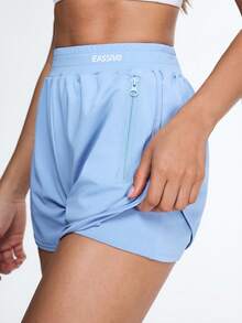 SHEIN Sovereign Charm Sky Blue High-Waist Double-Layer Running Shorts,Built-In Compression Inner Shorts With Secure Zip Side Pocket,Quick-Dry Four-Way Stretch Gym & Tennis - Blue - View 7