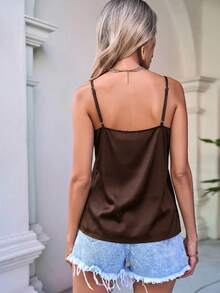Easowa 女士纯色撞色蕾丝宽松吊带背心，休闲穿搭，女士穿搭灵感，流行穿搭，女士夏季穿搭，女士夏季上衣，夏季上衣，女士夏季穿搭，棕色吊带背心 - 棕色 - 查看 7